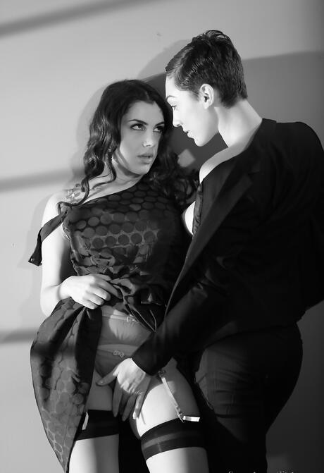 Stunning women Lily Labeau and Valentina Nappi in lingerie enjoy a lesbian foreplay 